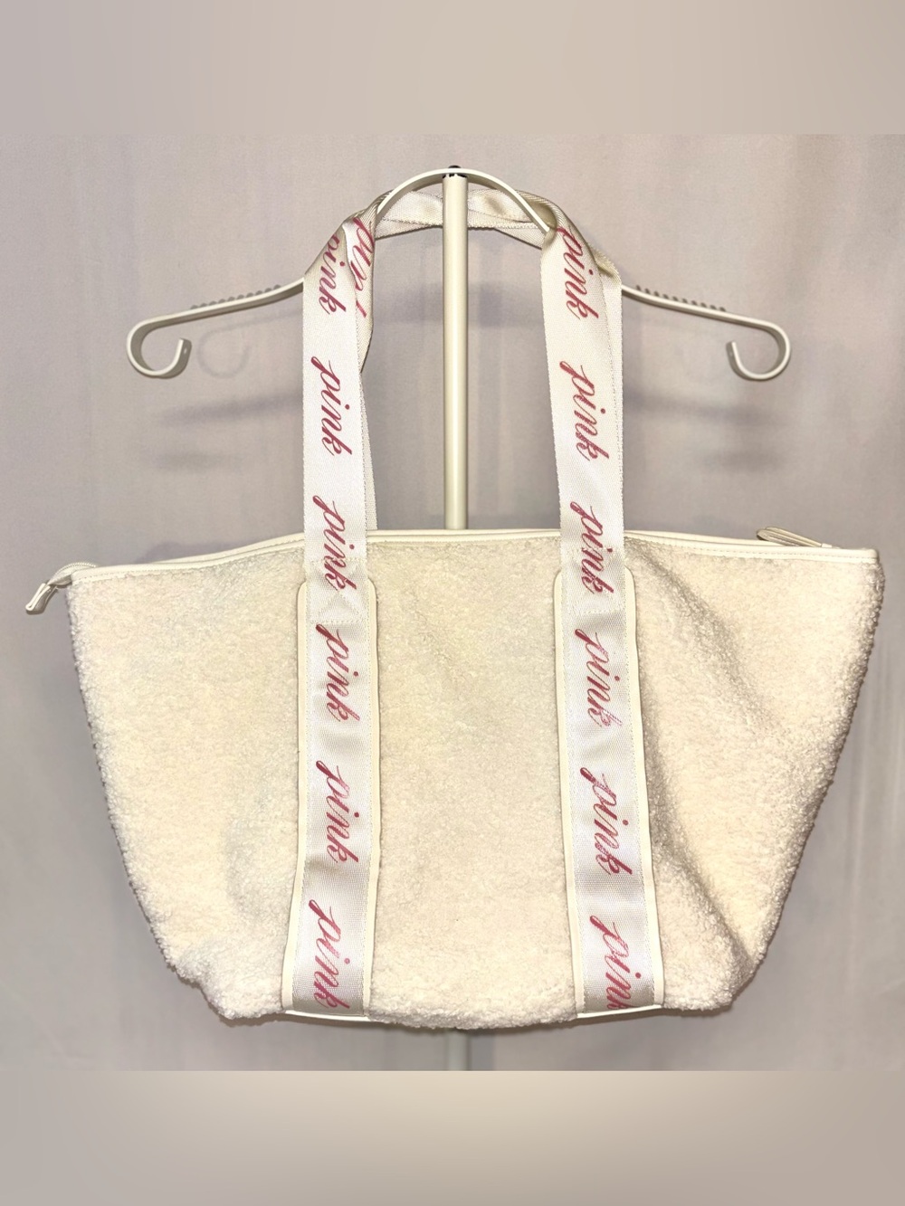 NWT Victoria's Secret PINK Cozy Plush Sherpa Tote Bag Cream Fuzzy Teddy Fleece